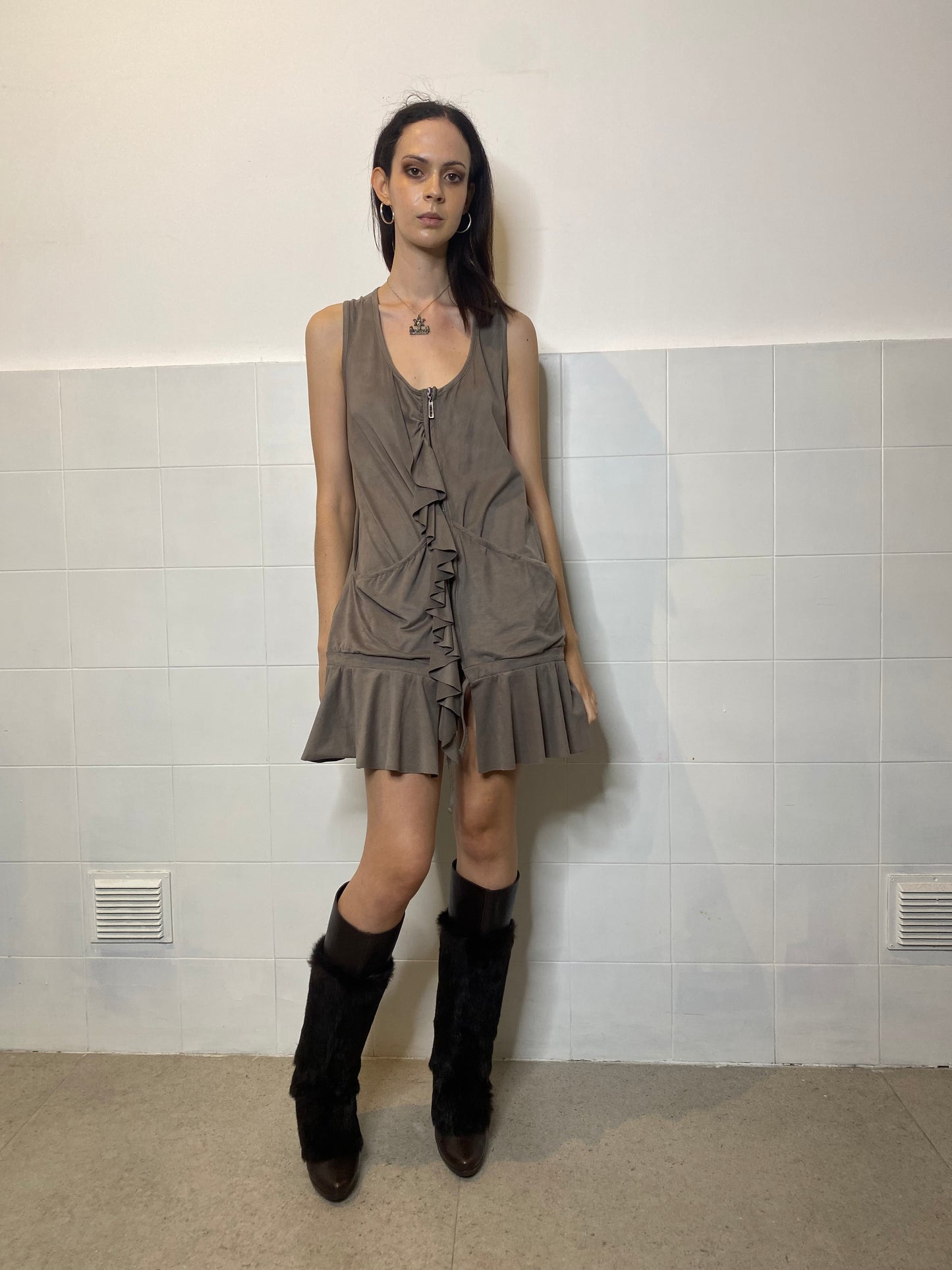 FAUX SUEDE ASYMMETRICAL ZIP UP DRESS